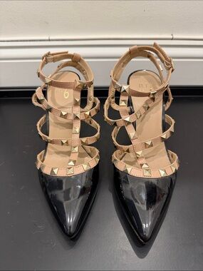 Studded Strappy Pointed-Toe Pumps - Black and Nude